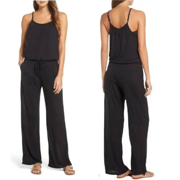 Becca Sleeveless Jumpsuit Boho Slub Knit Scoop Neck Sexy Pockets Swim Cover M - Picture 1 of 8